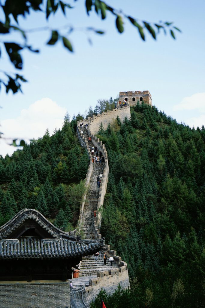 Scenic view of the Great Wall winding through green hills under a clear sky.